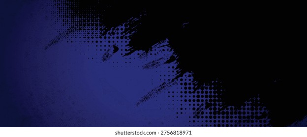 Abstract Dark Blue and Black Grunge Background with Artistic Paint Brush Strokes and Halftone Dot Texture, Distressed Urban Street Style Backdrop for Gaming and Sports Design