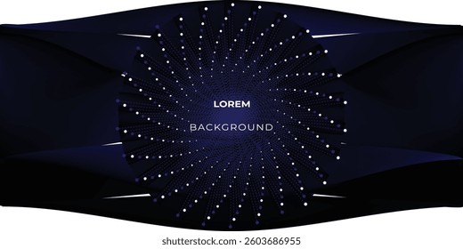 Abstract dark blue and black wavy design with a radial dotted pattern, creating a modern, futuristic vibe. Perfect tech-inspired look, elegant style template. Vector illustration.