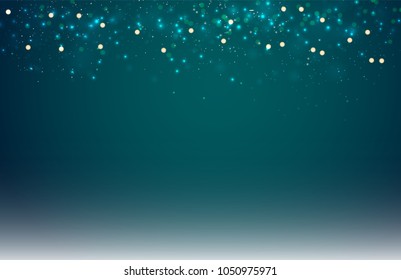 Abstract dark blue blurred background with bokeh and gold glitter header. Underwater. Copy space. Vector illustration