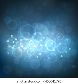 Abstract dark blue bokeh background with light effects. Magic defocused glitter sparkles. Blurred soft backdrop. Vector illustration. EPS10