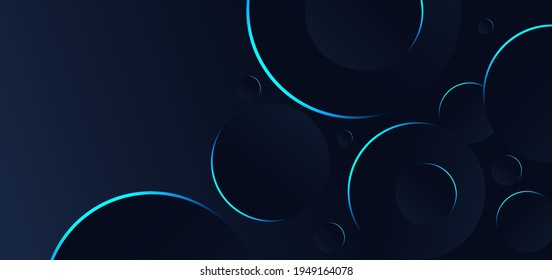 Abstract dark blue circles overlapping background blue neon border. Technology concept. Vector illustration