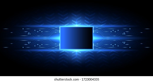 Abstract dark blue concept technology background with circuit and arrow pattern, sparkle effect and copy space for text and message in the center of artwork.