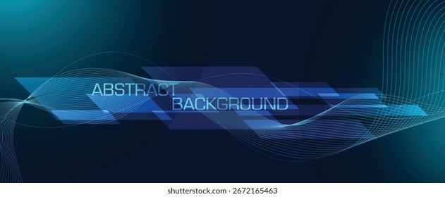 Abstract dark blue and cyan background with waves, flowing lines, and geometric shapes.
