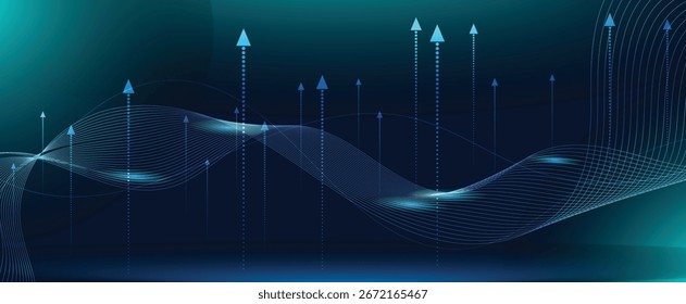 Abstract dark blue and cyan background with waves, flowing lines, and geometric shapes.