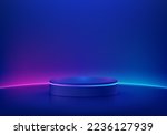 Abstract dark blue cylinder pedestal podium. Sci-fi abstract room concept with glowing neon curve lighting line. Vector rendering 3d background, Mockup product display. Futuristic minimal wall scene.