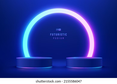 Abstraktes, dunkelblaues Flaschendieb-Podium. Abstrakter Raum mit leuchtend blauen Neonlampen. Vektorgrafik 3D-Form, Produktdarstellung nach oben. Futuristische Szene. Stufenvorführung.