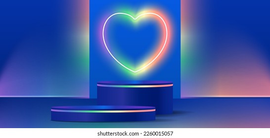 Abstract dark blue cylinder pedestal podium. Sci-fi abstract room concept, heart shape neon and heart shape Valentines day minimal scene for product display presentation.