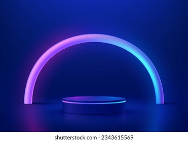 Abstract dark blue cylinder pedestal podium. Sci-fi abstract room concept with curve lighting line wall scene. Vector rendering 3d background, Mockup product display. Futuristic stage for showcase.