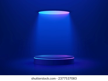 Abstract dark blue cylinder pedestal podium. Sci-fi abstract room concept with circle neon lights on the ceiling. Vector rendering 3d background, Mockup product display. Futuristic stage showcase.