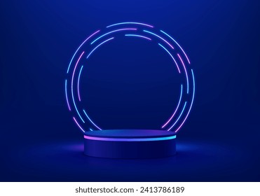 Abstraktes, dunkelblaues Flaschendieb-Podium. Abstraktes Zimmerkonzept mit kreisneonfarbener Lichtleitlinie. Vektorgrafik von 3D-Hintergrund, Produktanzeige nach oben. Futuristische Bühnenvorführung.