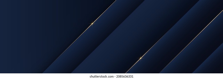 Abstract dark blue diagonal geometric shape background with glowing golden line. Modern elegant horizontal banner design with shadow. Luxury style. Gradient geometric shape concept
