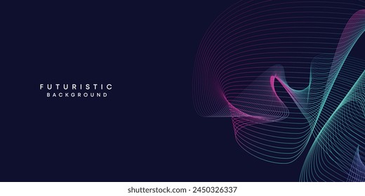 Abstract dark blue digital future technology geometric flowing line background. Purple-navy blue-green gradient smooth wave lines web banner background for cover, flyer, card, header, poster, slide