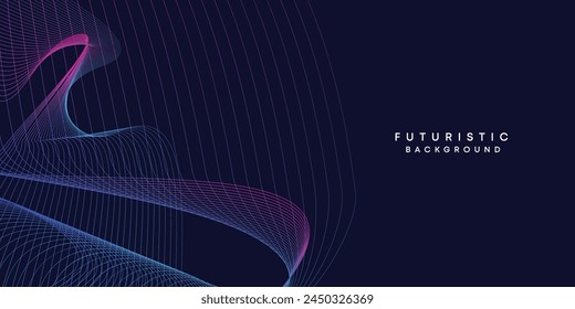 Abstract dark blue digital future technology geometric flowing line background. Purple-navy blue-green gradient smooth wave lines web banner background for cover, flyer, card, header, poster, slide