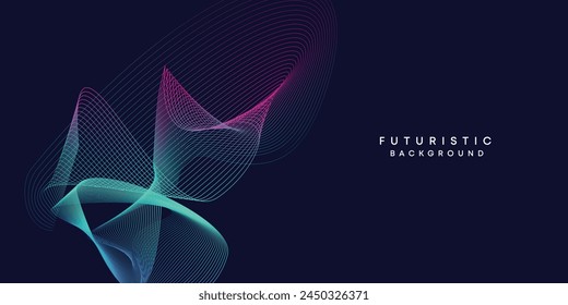 Abstract dark blue digital future technology geometric flowing line background. Purple-navy blue-green gradient smooth wave lines web banner background for cover, flyer, card, header, poster, slide