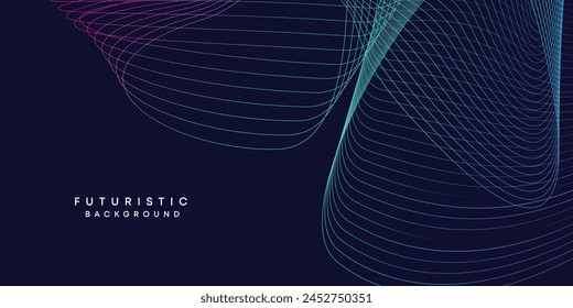 Abstract dark blue digital future technology geometric flowing line background. Purple-navy blue-green gradient smooth wave lines web banner background for cover, flyer, card, header, poster, slide