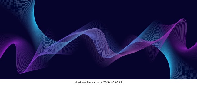 Abstract dark blue digital future technology geometric flowing line background. Purple-navy blue-green gradient smooth wave lines web banner background for cover, flyer, card, header, poster, slide