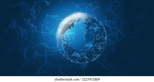 Abstract Dark Blue Futuristic 3D Global Networks Concept with Globe - Abstract Polygonal Digital Connections and Glowing Network Nodes - Future Technology Background, Creative Design Template
