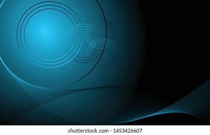 Abstract  dark blue futuristic background with glowing neon circles and waves. Vector graphic illustration.