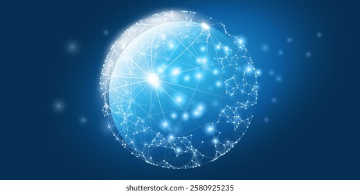 Abstract Dark Blue Futuristic Cloud Computing, Global Network Structure and Telecommunication Design Concept, World Map, Connections, Transparent Globular Geometric Polygonal Mesh, Vector Illustration