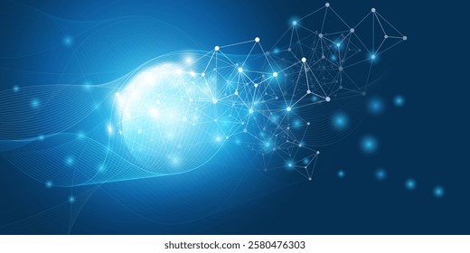 Abstract Dark Blue Futuristic Glowing Global Virtual Network Structure and Telecommunications Design Concept, Polygonal Connections with Transparent Wavy Geometric Polygonal Mesh, Vector Illustration