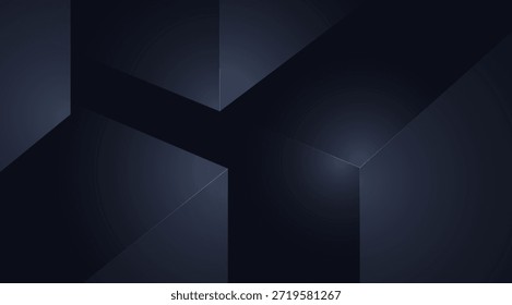 Abstrakte dunkelblaue geometrische Ebenen mit subtilen Lichterscheinungen und Schatten schaffen einen modernen, minimalistischen Hintergrund mit klaren Linien und tiefen, einladenden Schatten für Grafikdesign und digitale Kunst.