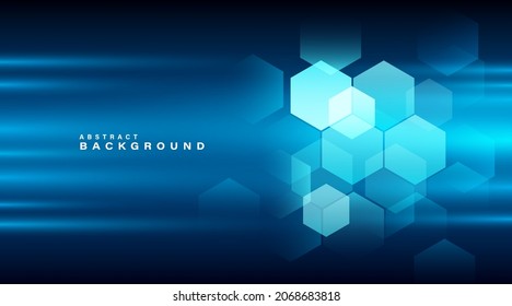 Abstract dark blue geometric shapes background. Simple neon glowing hexagons geometric pattern creative design. Medical, technology or science elements. Vector illustration