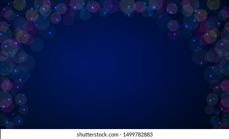 Abstract dark blue glitter bokeh background with circles and sparks. Blurred light frame. Modern beautiful Christmas and New Year holiday card design element. Copy space