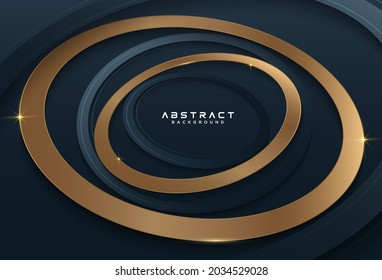 Abstract dark blue and gold geometric shapes background. Luxury and elegant oval shape graphic design. Modern gold glowing oval shape element. Suit for cover, poster, brochure, flyer, website