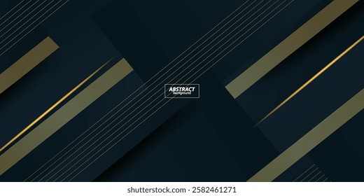Abstract dark blue gradient background with square shape pattern and 3D gold lines. Dynamic and luxury design. Vector eps10