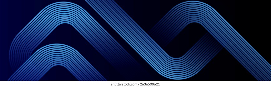 Abstract dark blue gradient background with glowing sky blue colour geometric rounded shapes lines. Diagonal curve effect lines.Dynamic shapes composition. Perfect for modern projects, business.
