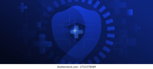 Abstractas fondo degradado azul oscuro con cruces médicas y forma de escudo para conceptos de seguro de salud y protección. Diseño moderno mínimo para servicios de seguros, seguridad, confianza y confiabilidad