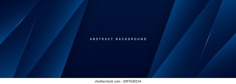 Abstract dark blue gradient horizontal banner background with overlay geometric triangle shapes and glowing line. Modern paper cut texture design with space for text. Suit for poster, cover, header