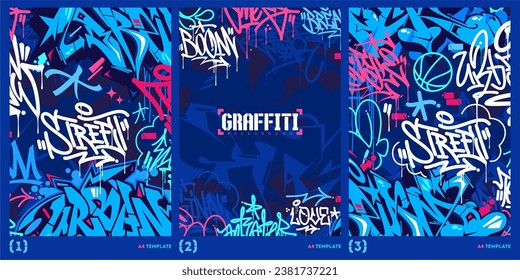 Abstract Dark Blue Graffiti Style A4 Poster Vector Illustration Art Template Background