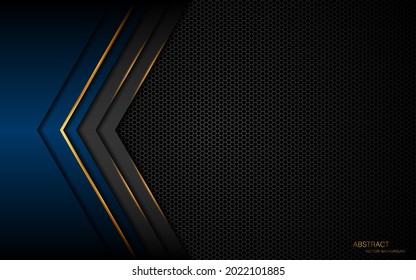 Abstract dark blue and gray polyhedron with golden lines on dark steel mesh background with free space for design.
