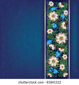 abstract dark blue grunge background with floral ornament