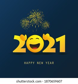 Abstract Dark Blue Happy New Year Greeting Card or Background, Creative Design Template with Open Arms Smiling Emoji - 2021