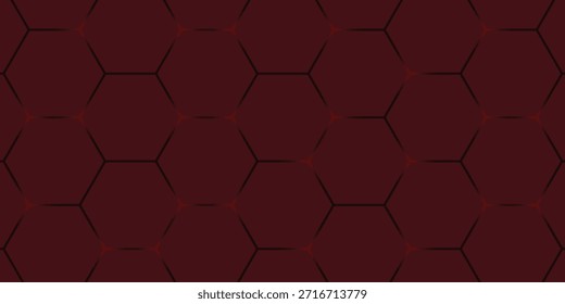 Abstract dark blue honeycomb background with glowing neon red light at hexagon intersections, featuring a futuristic technology grid pattern for digital banners and tech posters.