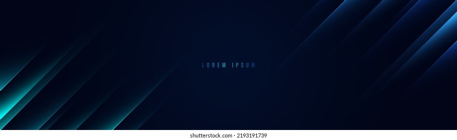 Abstract dark blue horizontal banner background with shiny blue light diagonal lines. Modern dynamic diagonal stripe with glowing neon lines. Futuristic technology concept. Vector illustration