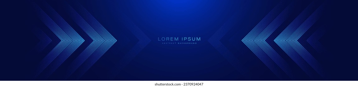 Abstract dark blue horizontal banner background with geometric lines. Modern shiny blue arrow lines pattern. Futuristic technology concept. Space for your text. Suit for cover, header, presentation