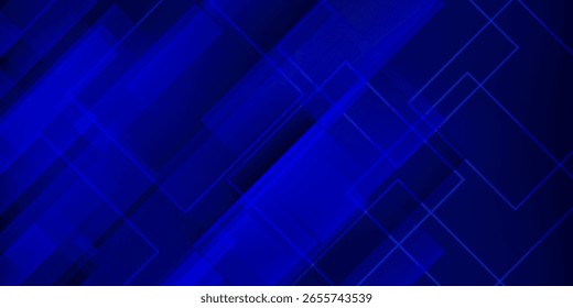Abstract Dark Blue to Light Blue Gradient Background with Overlapping Transparent Squares and Geometric Shapes