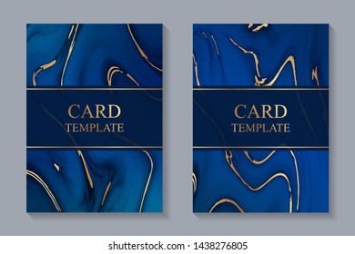 Abstract dark blue liquid marble texture with golden streaks. Templates for greeting or business cards, wedding or party invitations, rsvp.