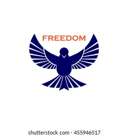 Abstract dark blue logo with bird silhouette and freedom text
