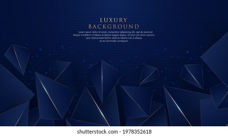 Abstract dark blue luxury background with triangles pattern and gold lighting lines. Geometric overlapping layer elegant style with copy space, for poster, cover, print, banner. Vector illustration