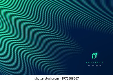 Abstract dark blue mesh gradient with glowing green curve lines pattern textured background. Modern and minimal template with copy space. Vector illustration