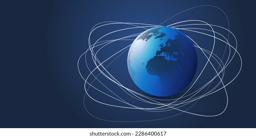 Abstract Dark Blue Minimal Style Sattellite Network Connections Design Concept with Oval Orbiting Lines Around Lit Earth Globe in Space - Vector Illustration with Copyspace, Place, Room for Your Text