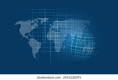 Abstract Dark Blue Minimal Style Computing, Networks Structure, Telecommunications Concept Design, with Network Connections, World Map, Transparent Globe and Grid, Geometric Mesh - Vector Illustration