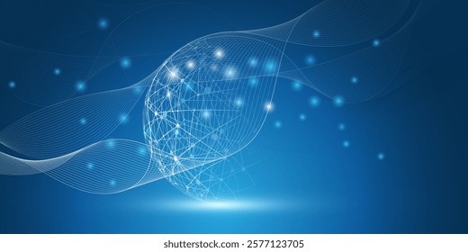 Abstract Dark Blue Minimal Style Futuristic Cloud Computing, Global Network Structure and Telecommunications Design Concept, Connections, Transparent Wavy Geometric Polygonal Mesh, Vector Illustration