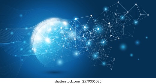 Abstract Dark Blue Minimal Style Futuristic Cloud Computing, Global Network Structure and Telecommunications Design Concept, Connections, Transparent Wavy Geometric Polygonal Mesh, Vector Illustration