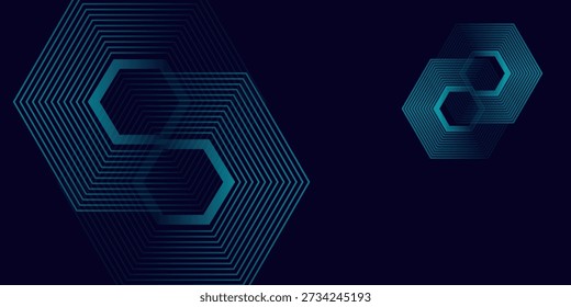 Abstract dark blue modern background with dynamic geometric overlapping hexagonal line shape.