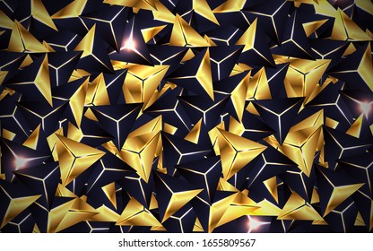 Abstract dark blue navy polygonal pattern with 3d crystal triangles texture a combination line light gold. Luxury premium concept vector design for use element cover, banner, wallpaper, business